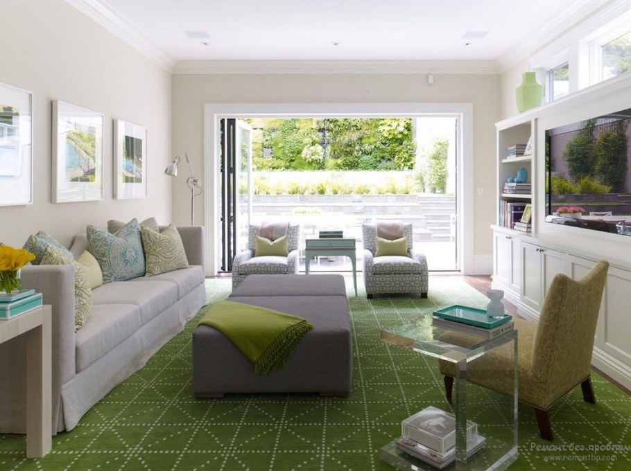 Фисташковый цвет в интерьере гостиной