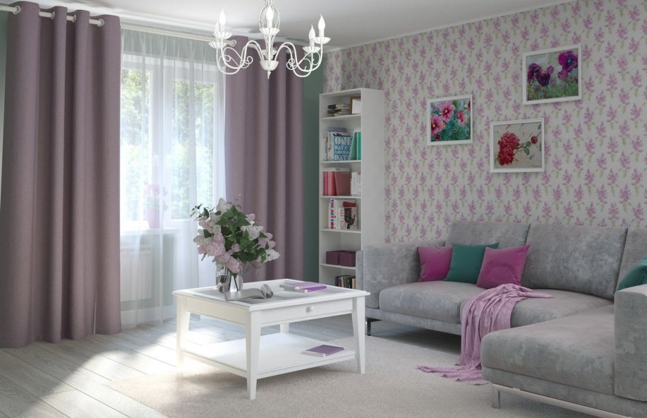 Серо-розовый интерьер гостиной