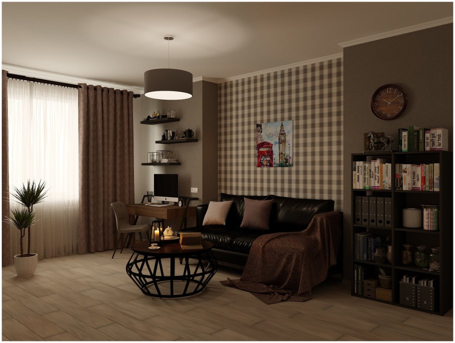 Шторы в клетку в интерьере гостиной