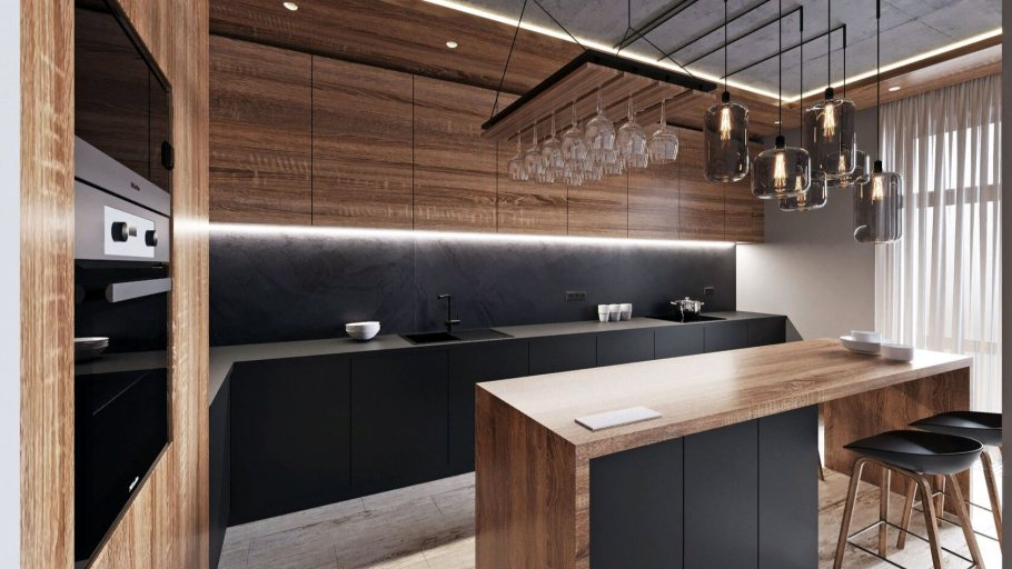 Кухня лофт белая с деревом