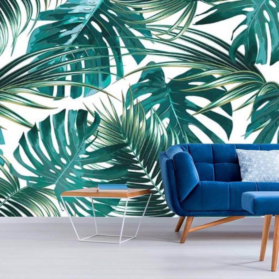 Обои с листьями в интерьере гостиной