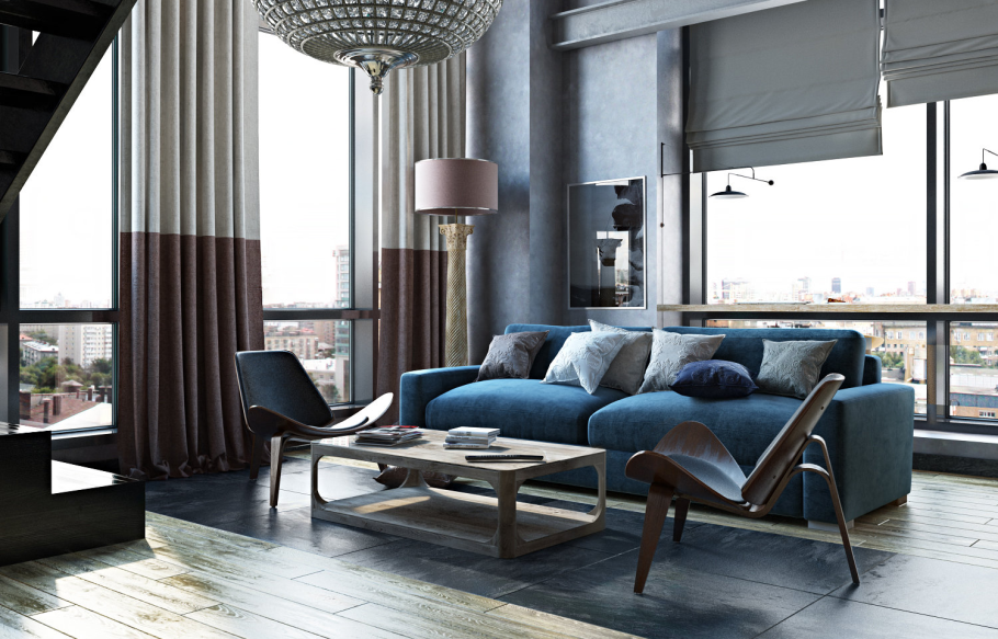 Шторы в стиле лофт в интерьере