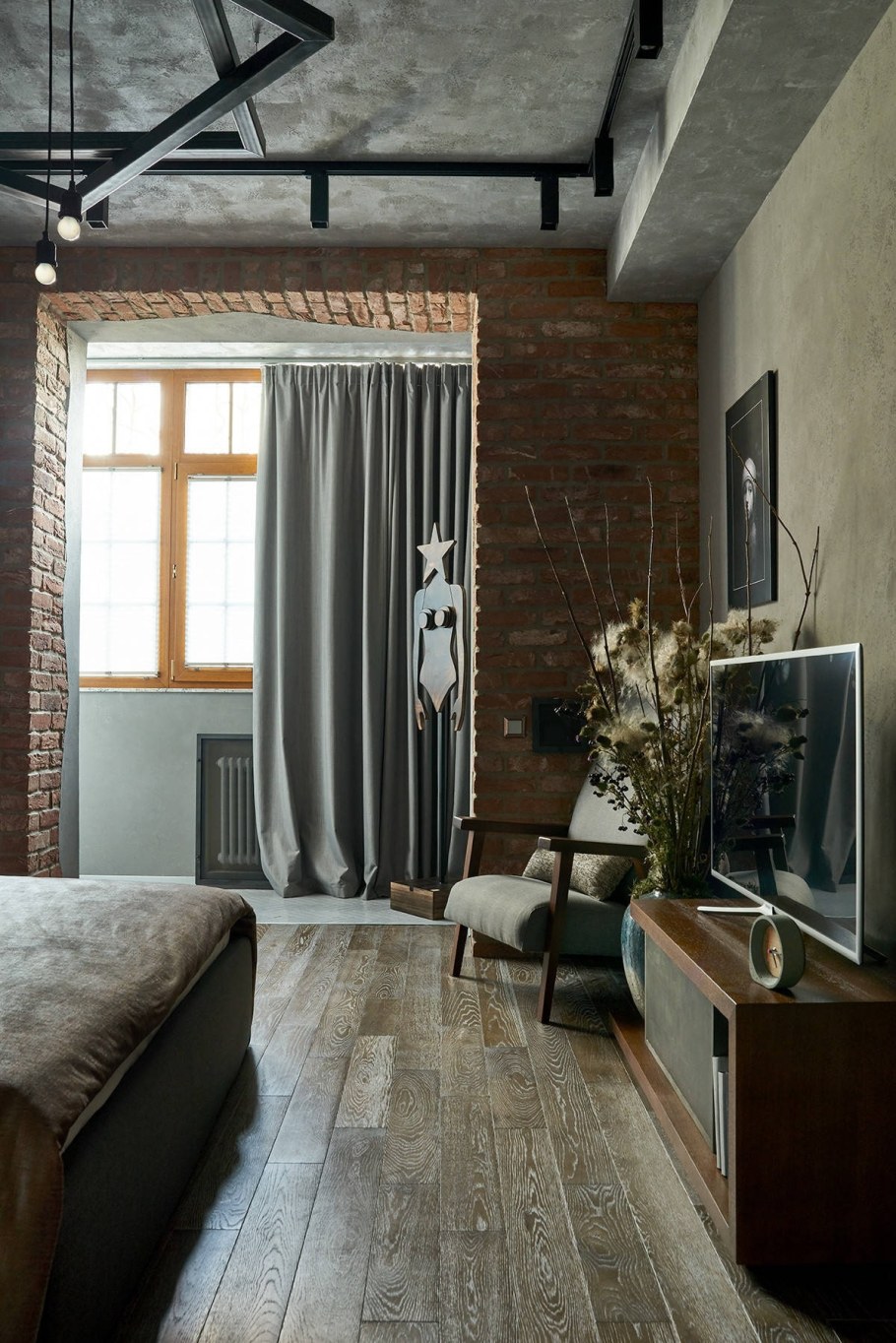 Шторы в стиле лофт в интерьере