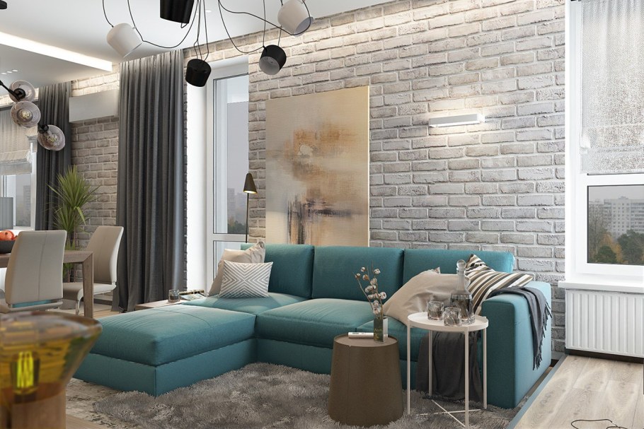 Бирюзовые кирпичи в интерьере