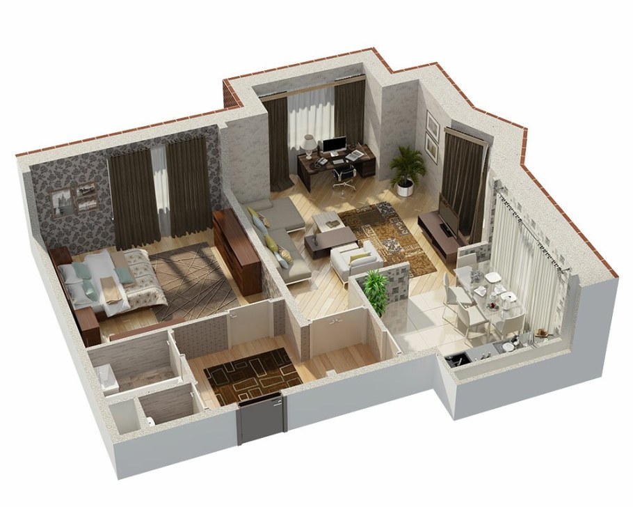 Планировка 2-х комнатной квартиры 3д