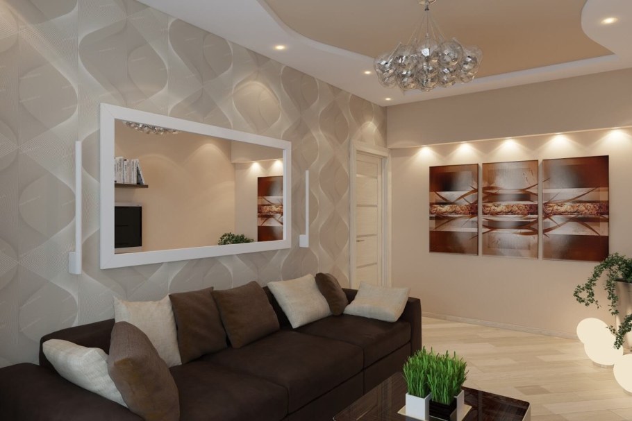 Зеркальное панно над диваном в интерьере