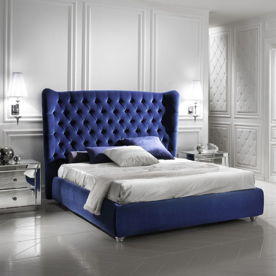 Кровать Аскона синяя бархатная