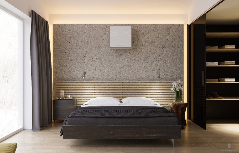 Спальня с деревянными рейками