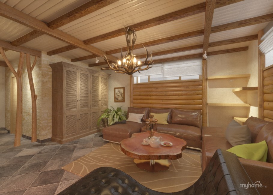 Интерьер современной бани и комнаты отдыха