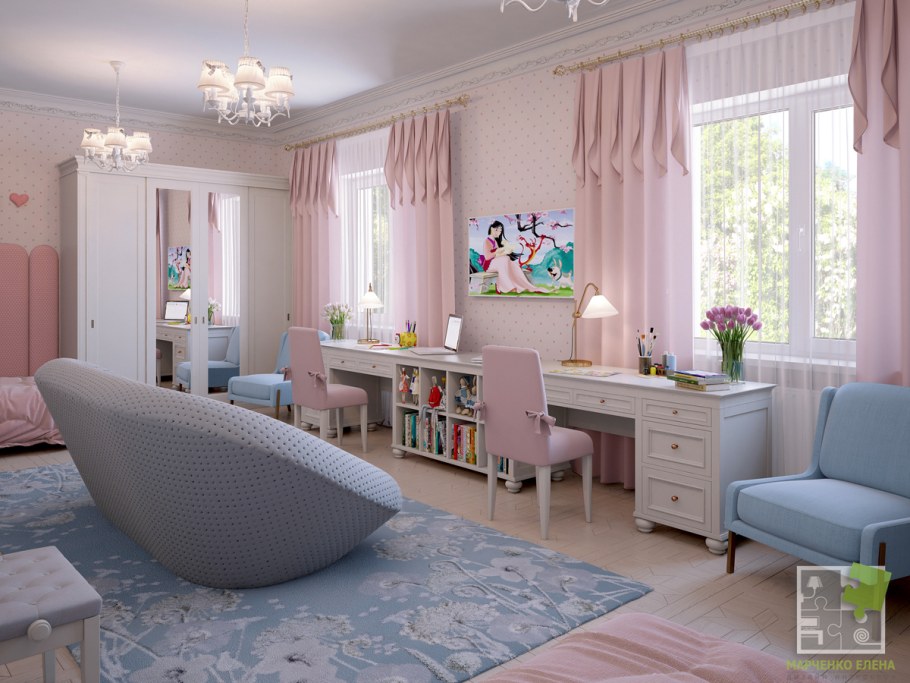 Комната для девочки с двумя окнами
