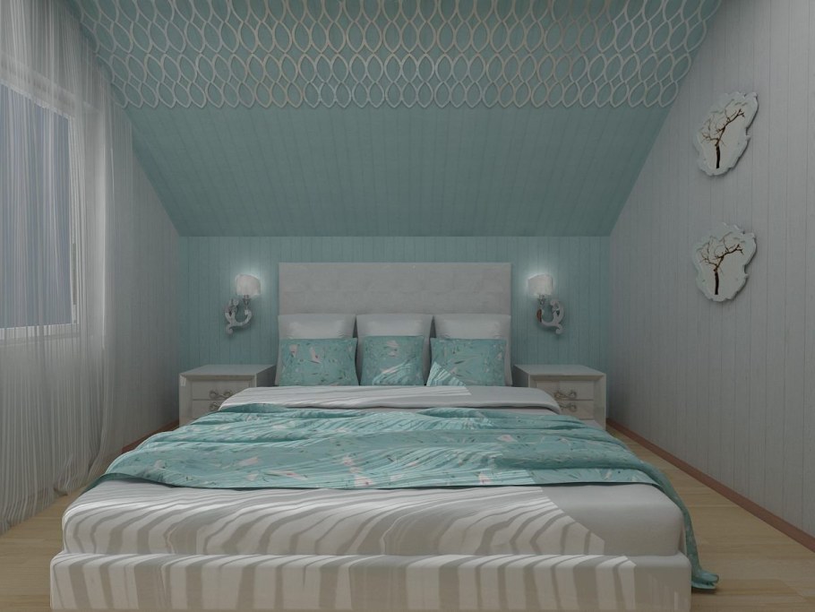 Бирюзовая спальня в мансарде
