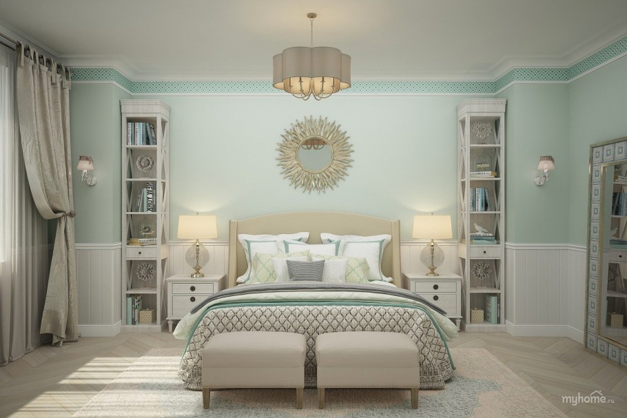 Мятный цвет в интерьере спальни