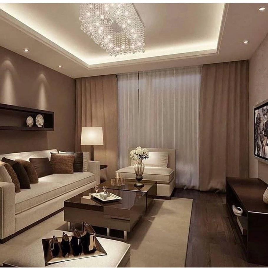 Зал в коричнево-бежевых тонах