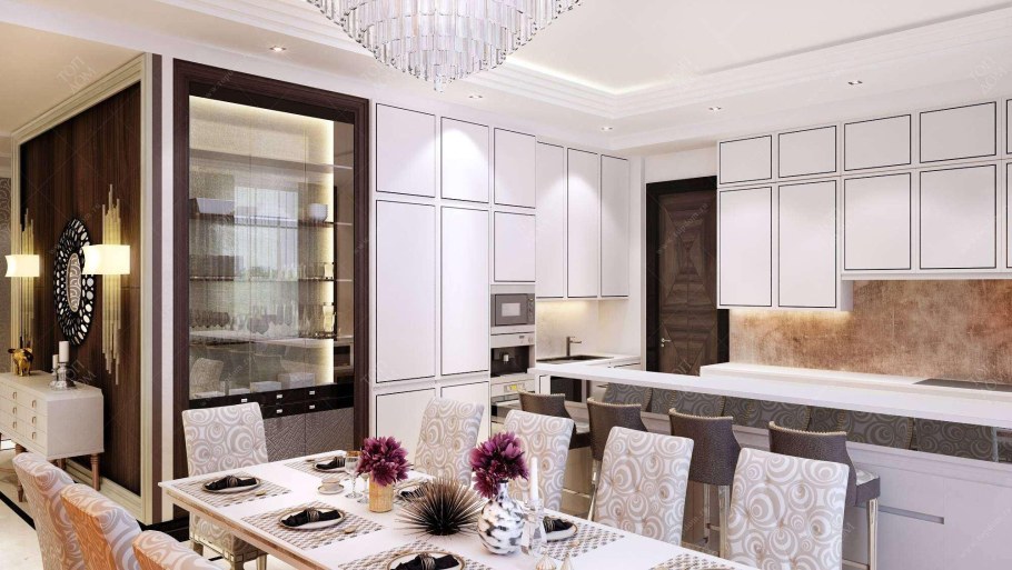 Большая кухня в загородном доме в стиле арт деко в светлых тонах