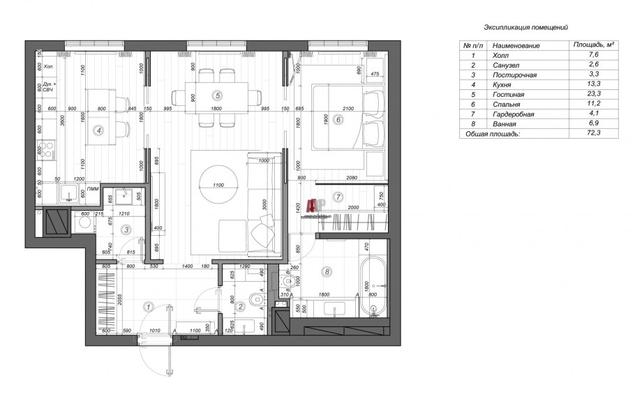 План трехкомнатной квартиры Анфилада