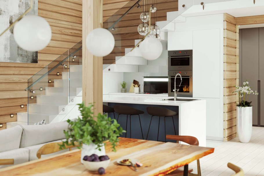 Кухня гостиная с лестницей