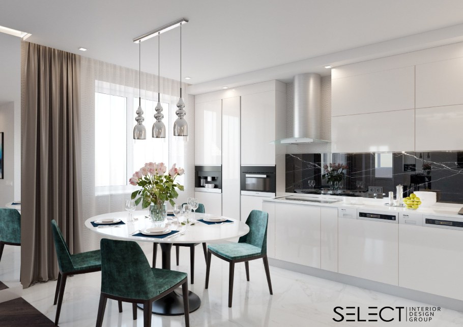 Интерьер кухни с изумрудным акцентом