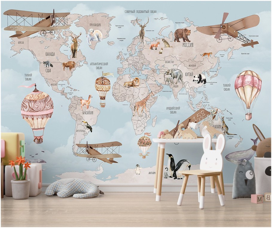 Обои в детскую карта мира с животными