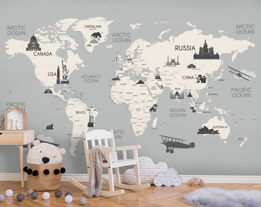 Детские обои с картой мира для стен