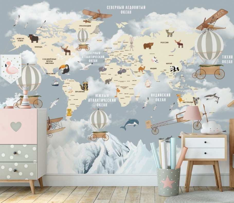 Фотообои карта мира на стену для детской комнаты