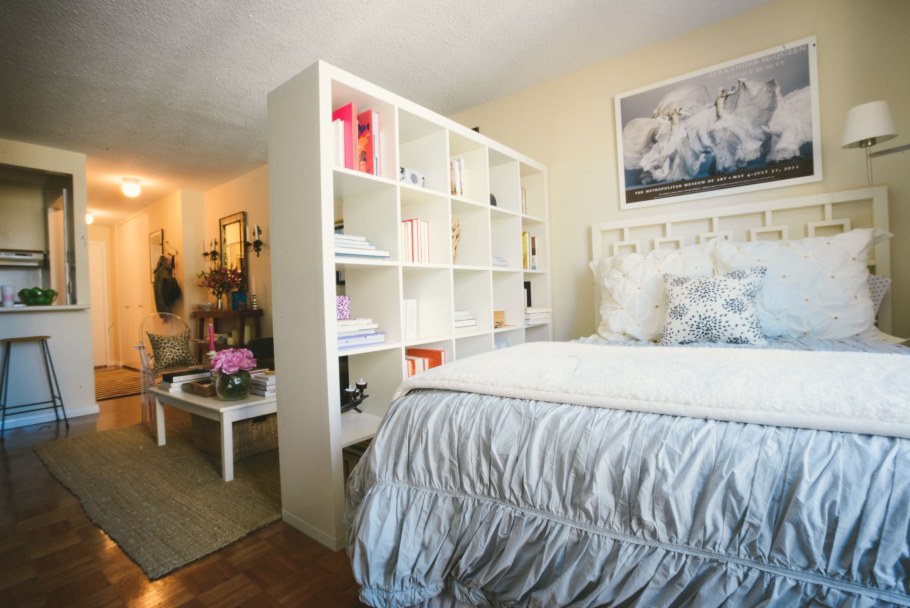 Зонирование стеллажом икеа в однокомнатной квартире