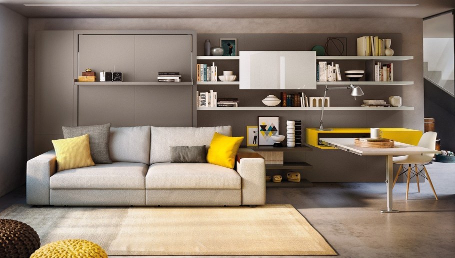 Полки над диваном и столом в гостиной