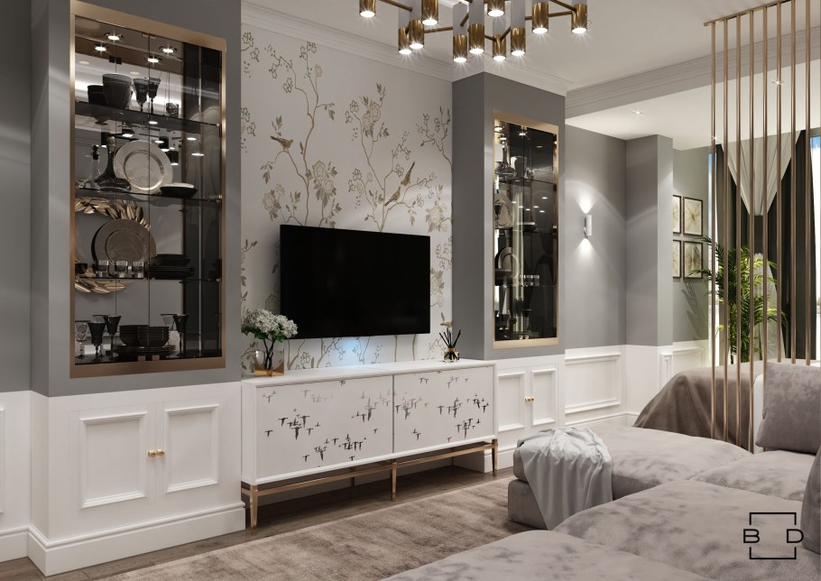 Комод и камин в гостиной