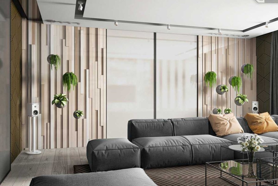 Экостиль в гостиной с фитостеной