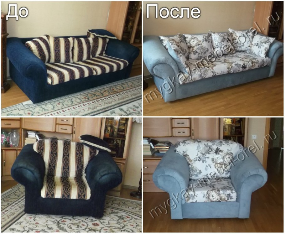 Обшивка дивана до и после