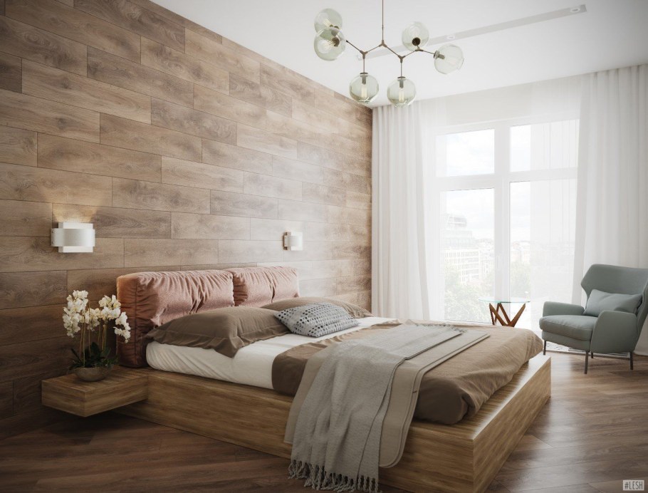 Деревянная стена в спальне