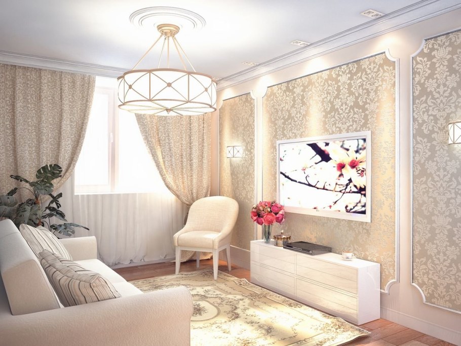 Обои в интерьере маленькой гостиной