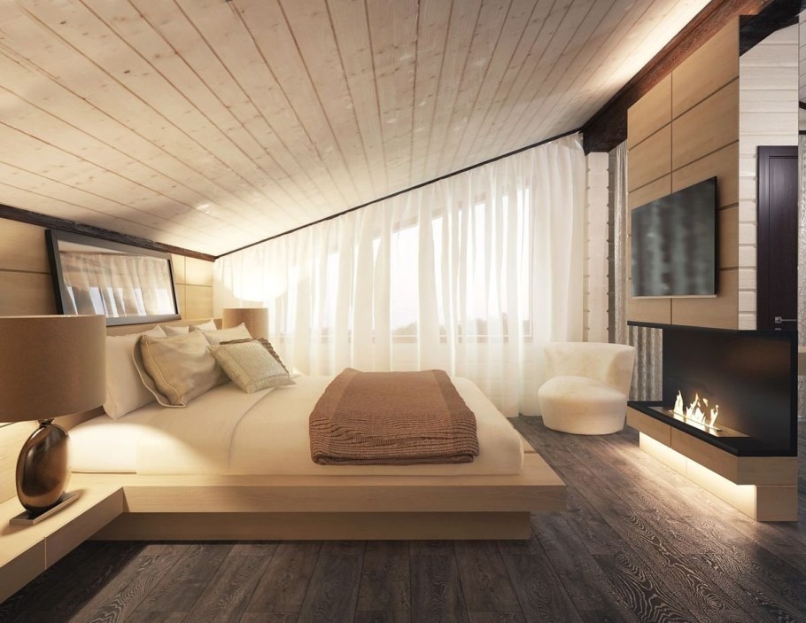 Спальня в загородном доме в современном стиле