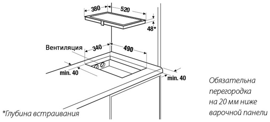 Схема установки индукционной варочной панели над духовкой