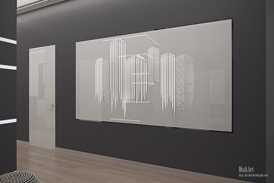 Панно в интерьере гостиной в стиле Хай тек