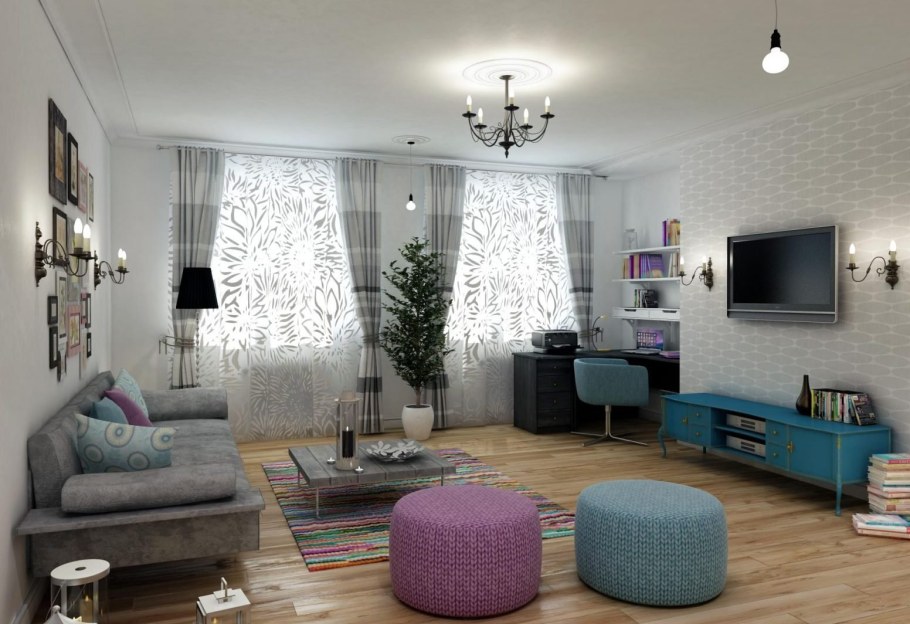 Гостиная с 2 окнами