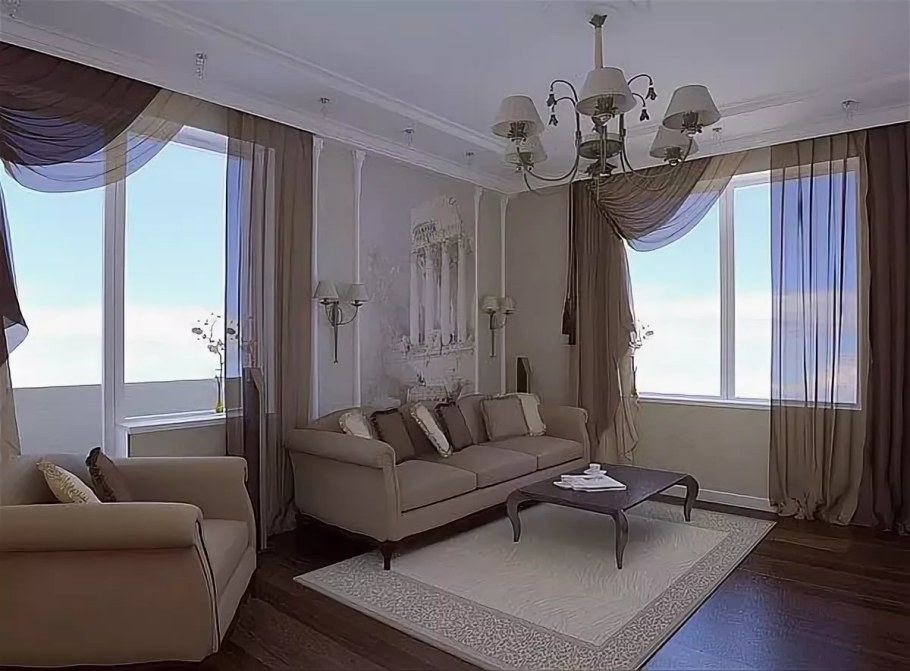 Планировка зала с балконом и окном