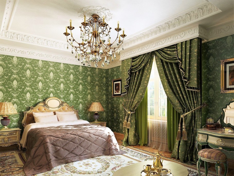 Зеленые обои в спальне