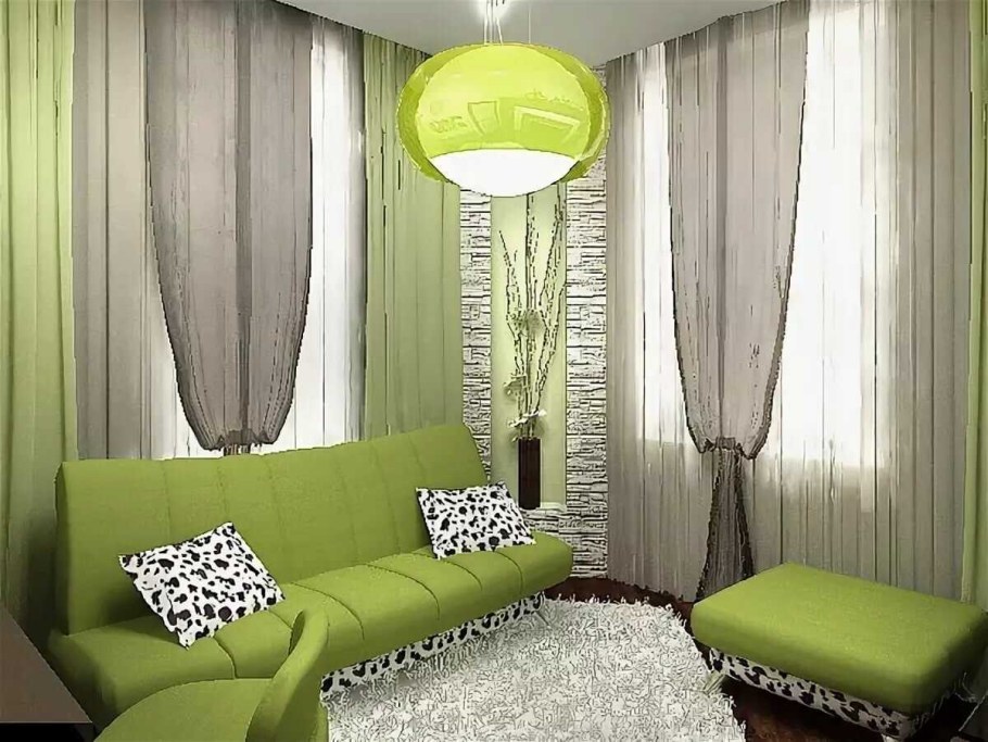 Серая гостиная с зелеными шторами