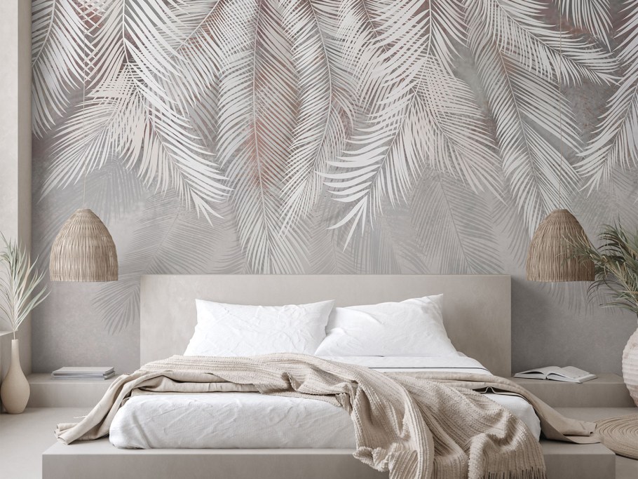 Фреска пальмовые листья в интерьере спальни