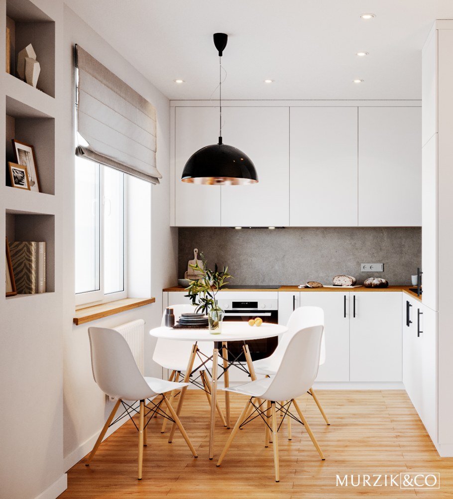 Белая кухня с деревянной столешницей в интерьере