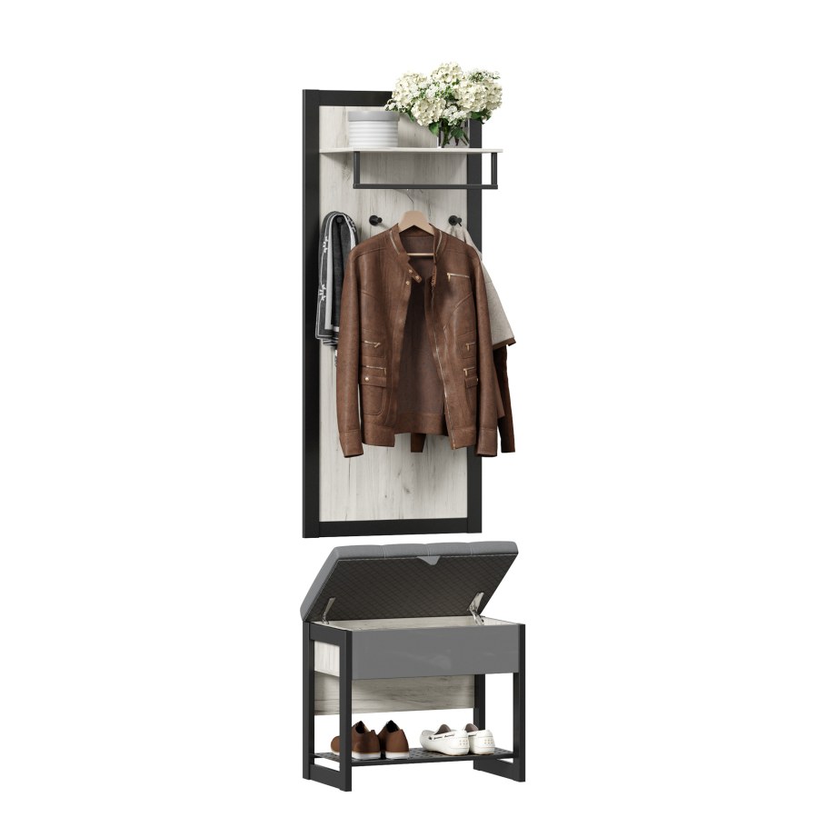 Техно вешалка с банкеткой 600 (дуб крафт белый/черный)