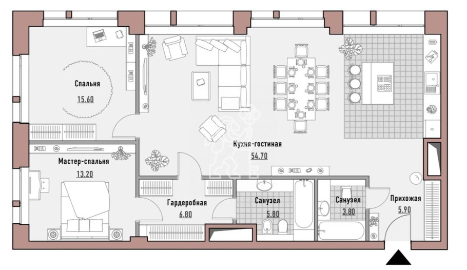 Планировка квартиры с двумя спальнями и кухней гостиной