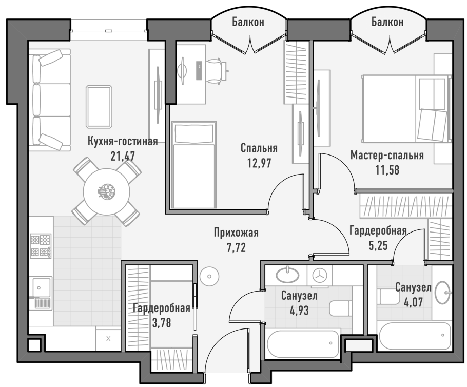 План квартиры с мастер спальней