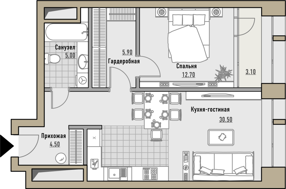 Проект спальни с санузлом и гардеробной