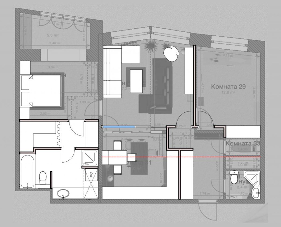 План спальня с туалетом и гардеробной