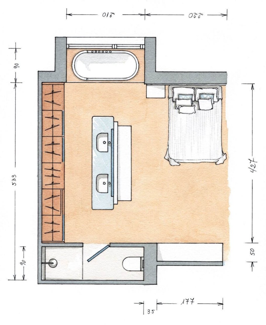 Планировка спальни с гардеробной и санузлом