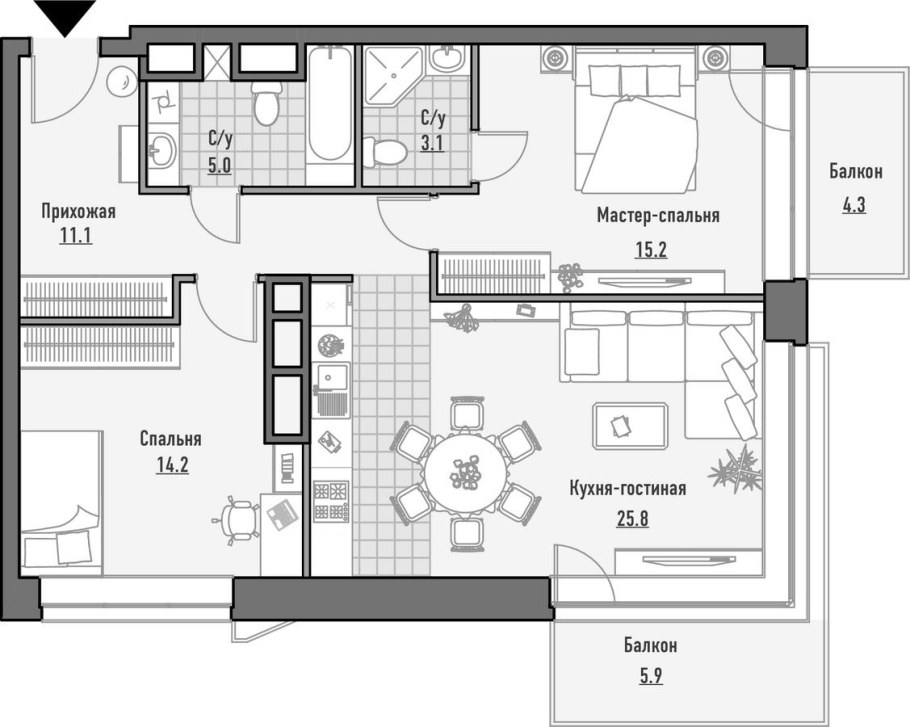 Планировка двушки с кухней гостиной