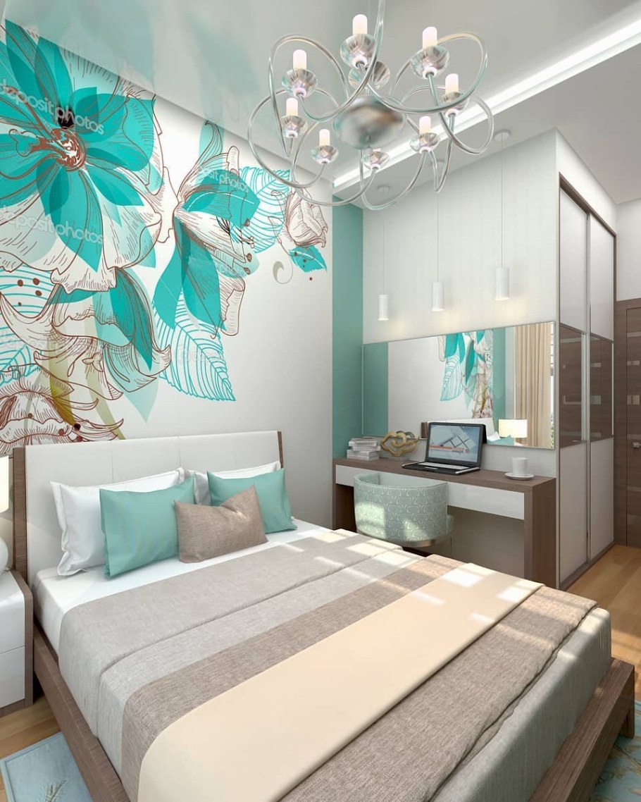 Спальня в бело бирюзовых тонах