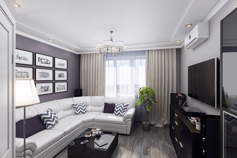 Интерьер прямоугольной гостиной
