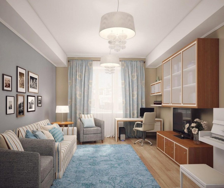 Расстановка мебели в прямоугольной гостиной